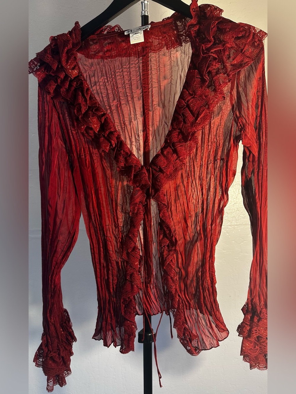 solo Crimson Sheer Ruffle-Trim Tie-Front Blouse